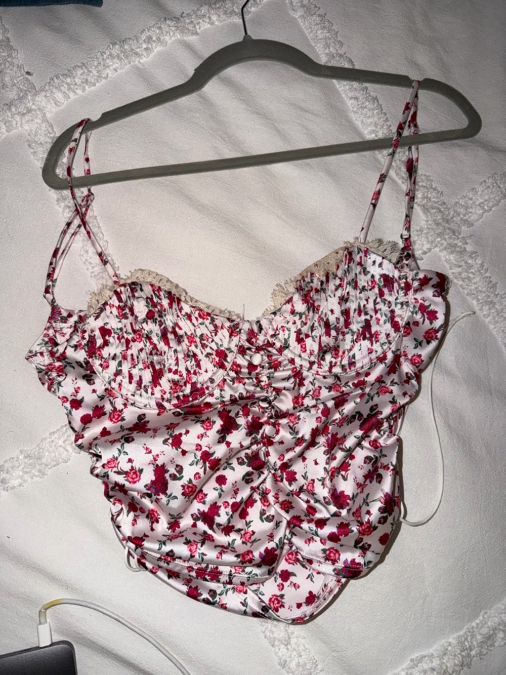 For Love & Lemons White Satin Floral Cami with Red Rose Print